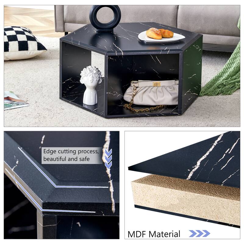 Roomfitters Hexagonal MDF Coffee Table with Patterned Finish, Multi-Hole Storage Design for Any Room Style