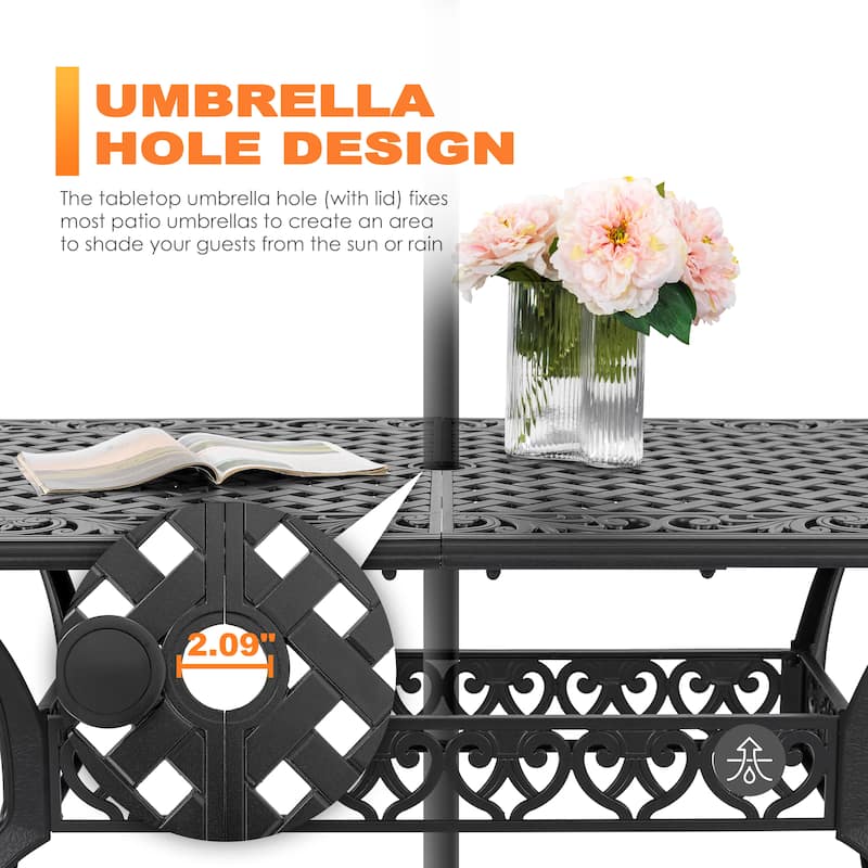 Outdoor Rectangle Cast Aluminum Dining Table with 2.09'' Umbrella Hole