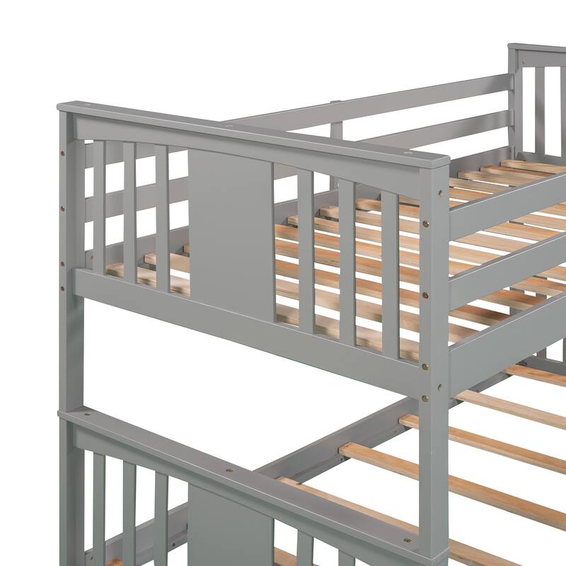 Twin Over Twin Bunk Bed with Ladder, Solid Wood Low Bunkbed Frame