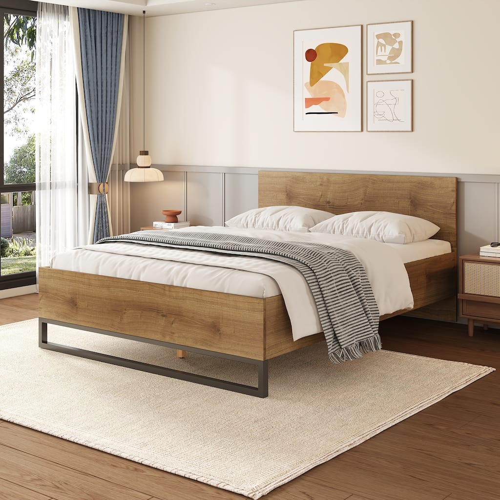 Engineered Wood Bed Frame Queen Size, Natural & Black Color