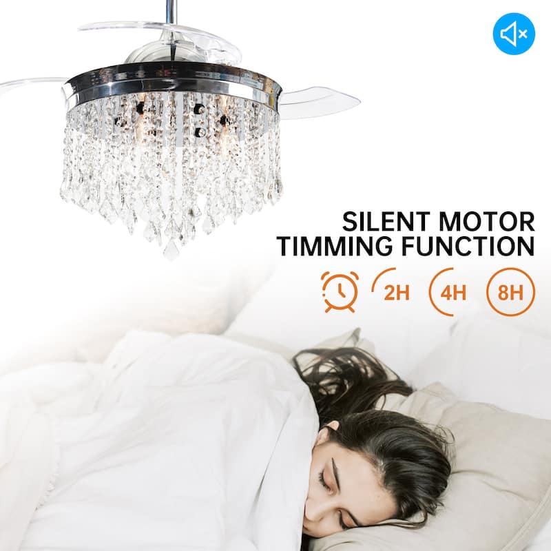 42" Modern Chrome Retractable Blades Ceiling Fan with Light and Remote Control - 42.0 In. W X 21.9 In. H X 42.0 In. D