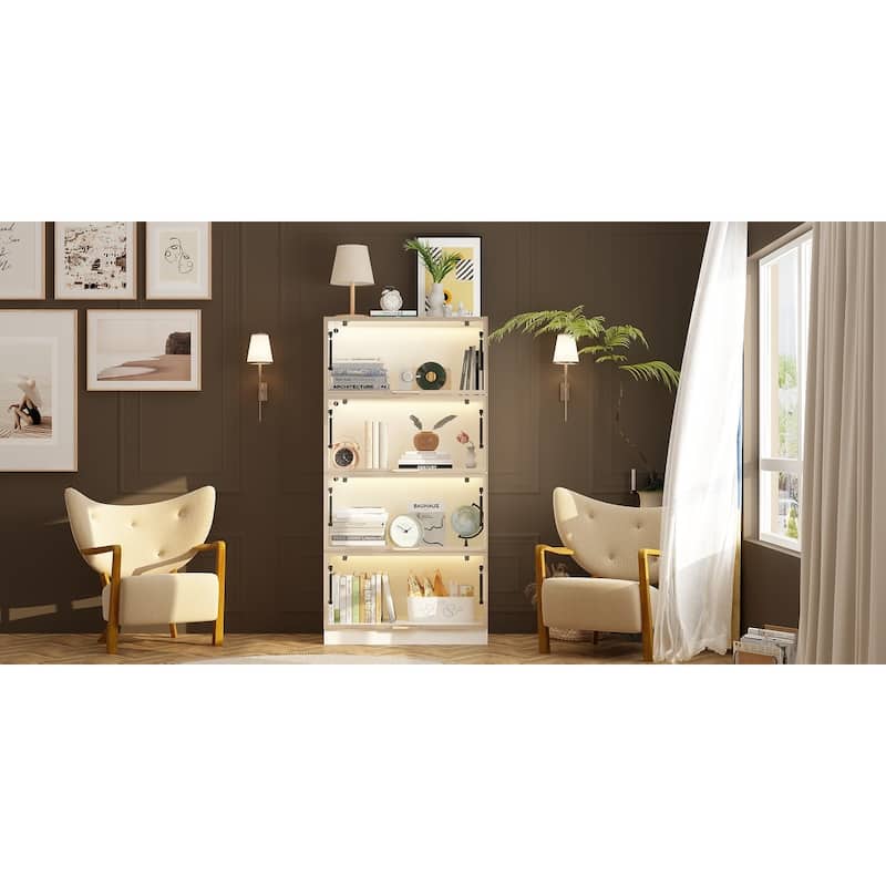 Modern Bookshelf with Adjustable Lighting Strips and Four Handles