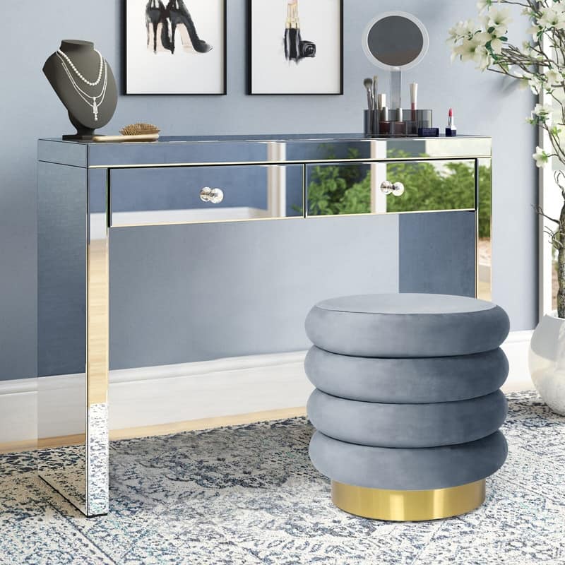 Adeco Modern Round Velvet Storage Ottoman with Gold Plating Base