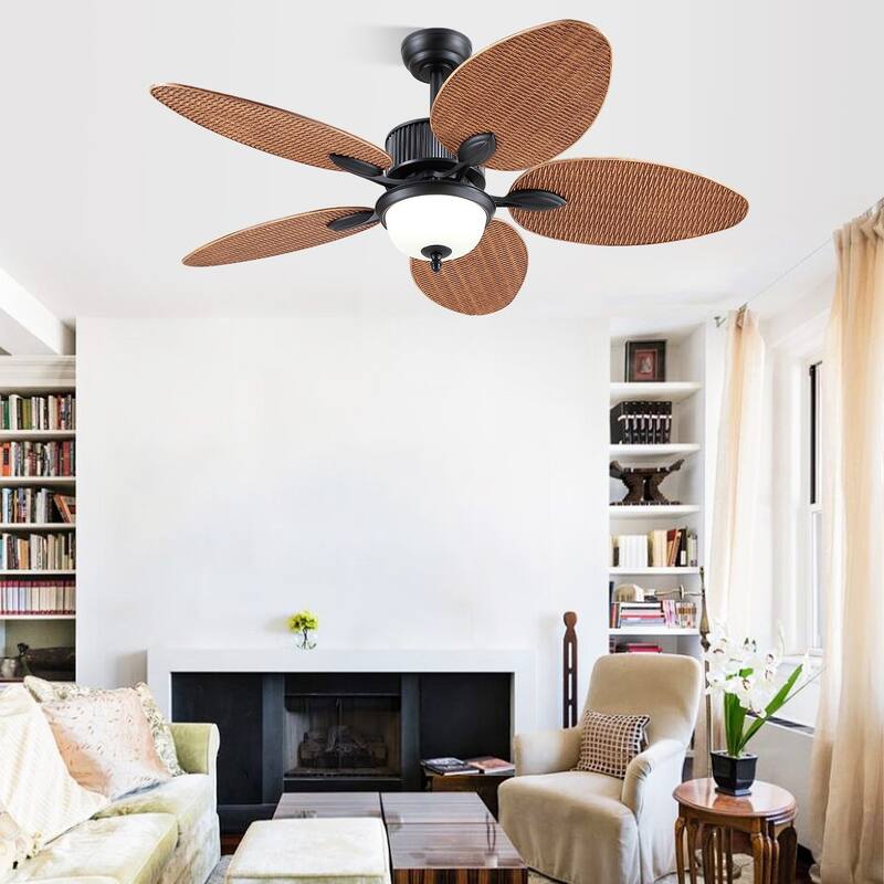 50 Inch Tropical Ceiling Fan with Llight Brown Palm Leaf Blades Glass Light Cover - 50 Inches