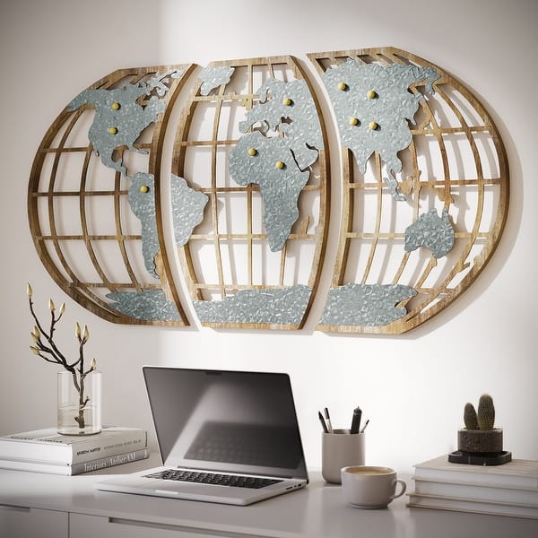 slide 2 of 6, Marquett Wood & Metal Magnetic Pin World Map Wall Art - 18"H x 51"W x 1"D