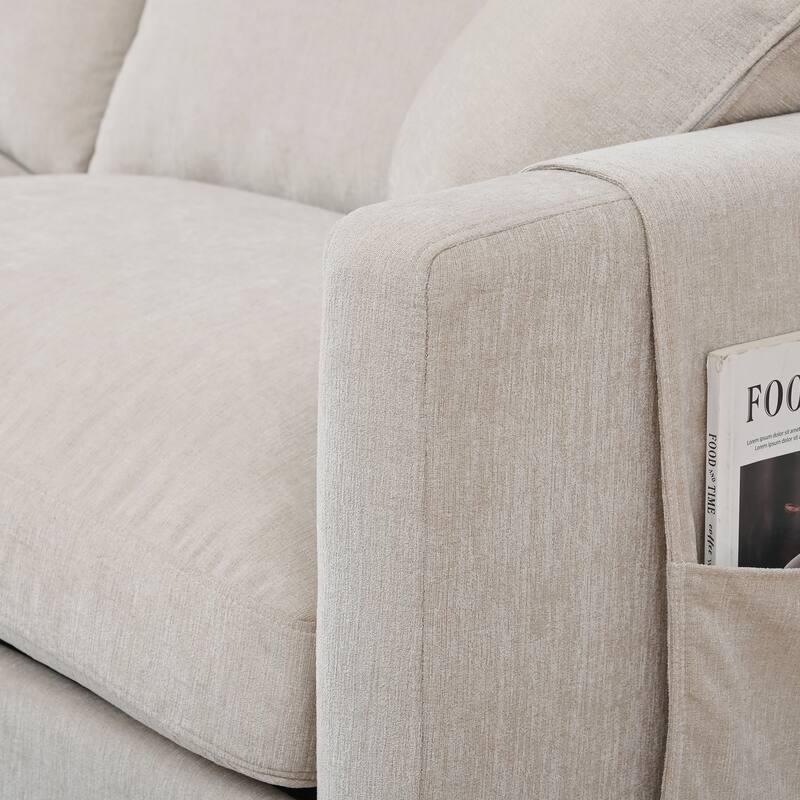 Modular Sofa with Movable Ottoman, Armrest Storage Bag, and Birch Support - 3-Seater Couch
