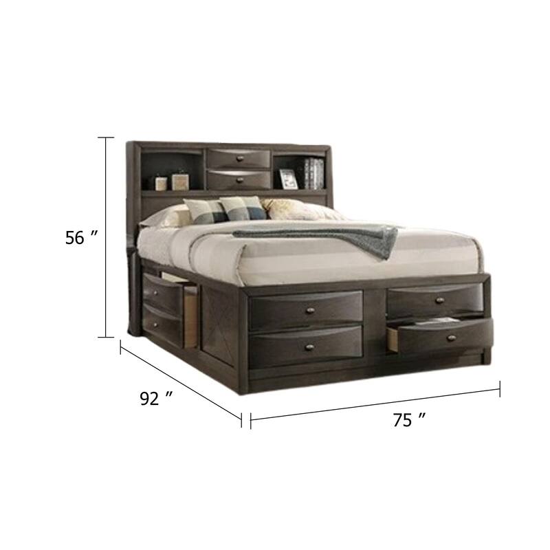 Simo King Bed, Bookcase Headboard, Storage Drawers, Gray