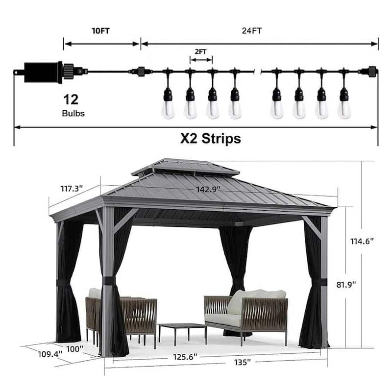 PURPLE LEAF Patio Gazebo for Backyard Hardtop Galvanized Steel Frame with Upgrade Curtain and Light - Light Grey