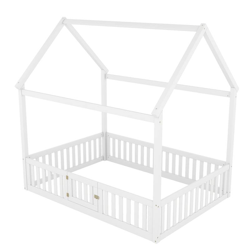 Full Size White Wood House Bed with Fence and Door for Kids