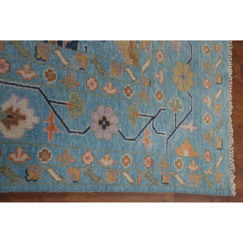 All-Over Blue Floral Oushak Indian Area Rug Handmade Wool Carpet - 8'9"x 12'0"