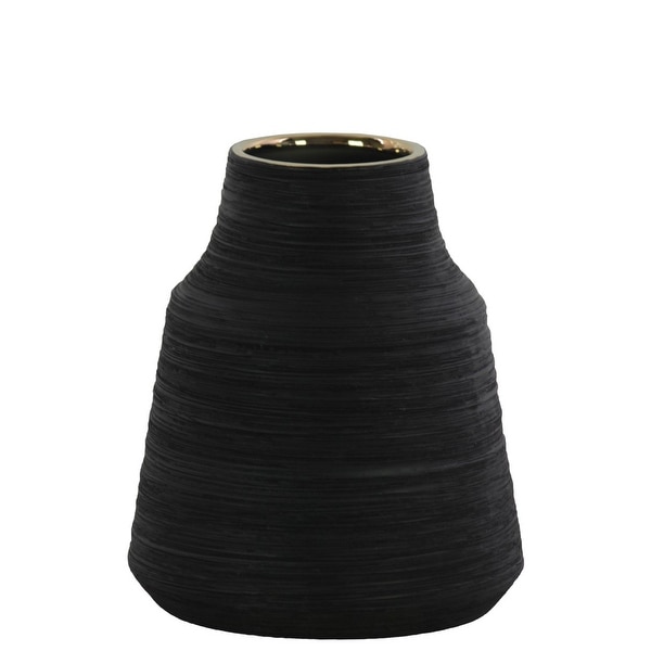 Round Ceramic Vase With Combed Design, Small, Black