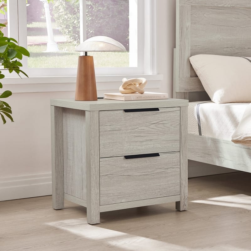 Spruce & Spring Scout Farmhouse Solid Wood Nightstand with 2 Drawers and Type-C, USB & 2 Power Outlets - Light Grey-Single
