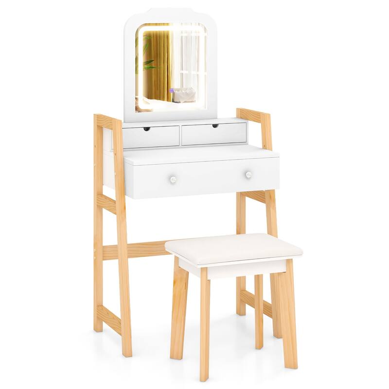 Gymax Vanity Desk Set w/ Mirror 3-Color LED Lights Drawers Solid Pine