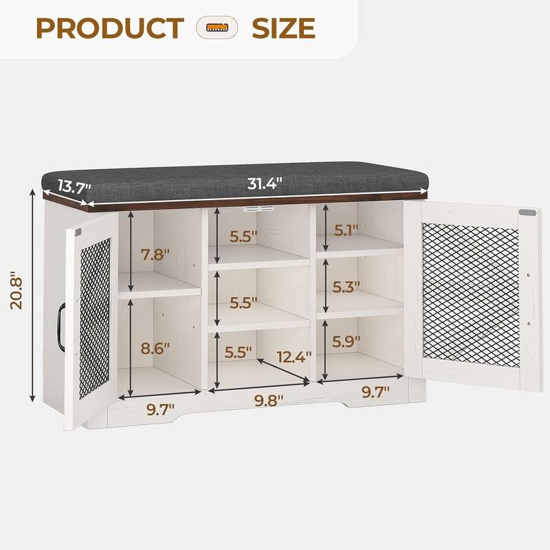 Storage Bench with Cushion Adjustable Shelf Shoe Rack Cabinet