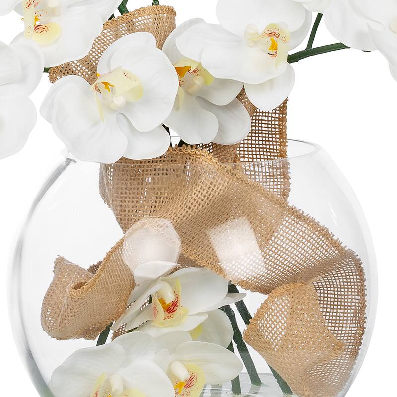 8 Pieces Nearly Natural Plastic Phalaenopsis Silk Orchid in Glass Vase - 20.87" H x 27.56" W x 9.84" D