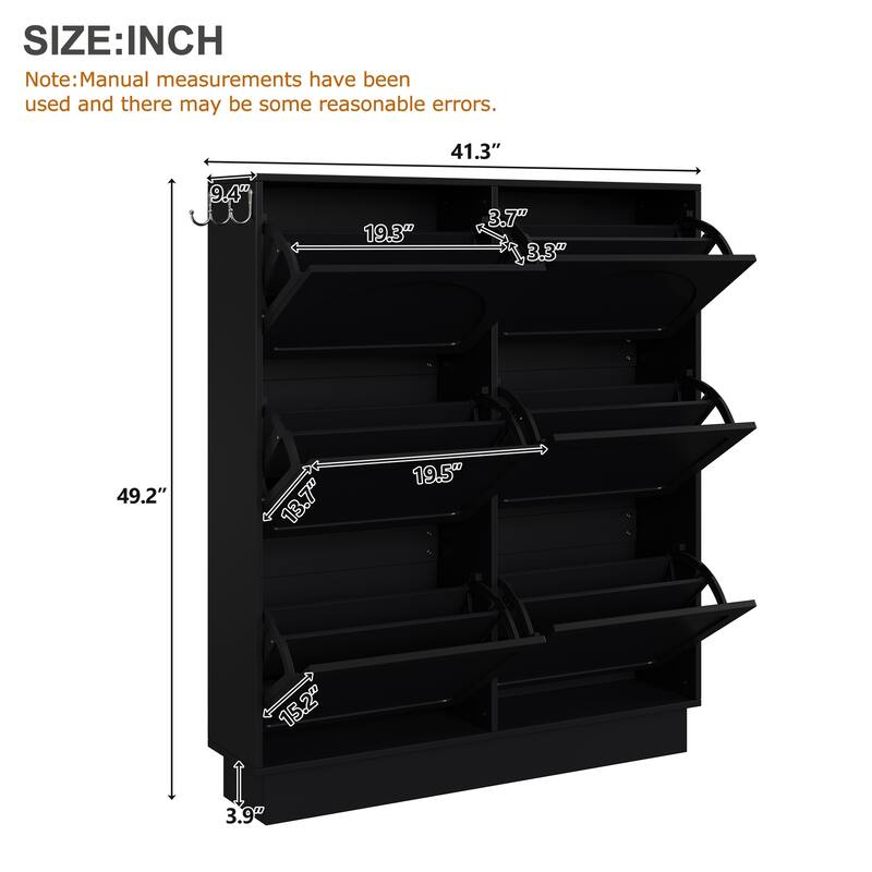Narrow Flip Drawer Shoe Storage, Space Saving Entryway Organizer with Adjustable Shelf, Free-Standing Shoe Rack with 3 Hooks