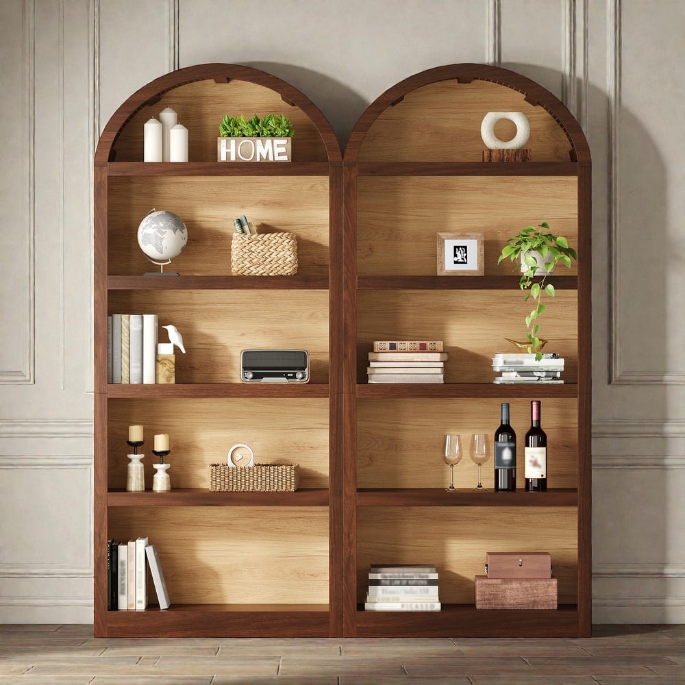 Farmhouse Tall Bookshelves Set of 2, Two Tone Arched Open Bookcase with Fabric Top, 5 Tier Storage Cabinet