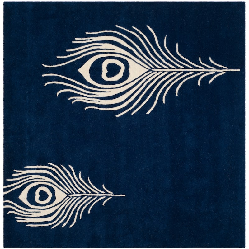 SAFAVIEH Handmade Soho Alyse Peacock Feather N.Z. Wool Rug - 6' Square - Navy/Ivory