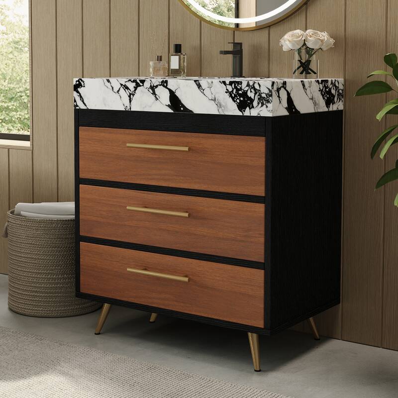 GDFStudio - Athens Modern 29.9" Freestanding Bathroom Vanity with Sintered Stone Top, Ceramic Vessel Sink & Stainless Steel Legs