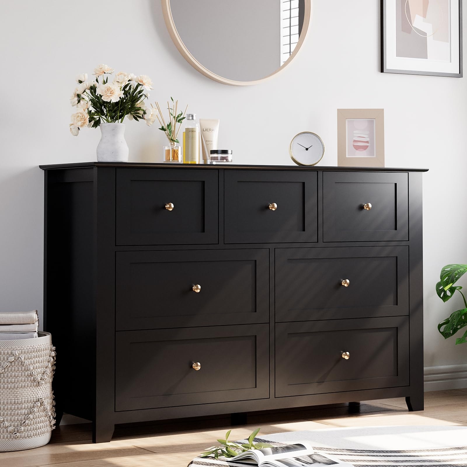 7 Drawer Dresser with Metal Knobs, 53.9" Wide Wooden Double Storage Chest for Bedroom Entryway