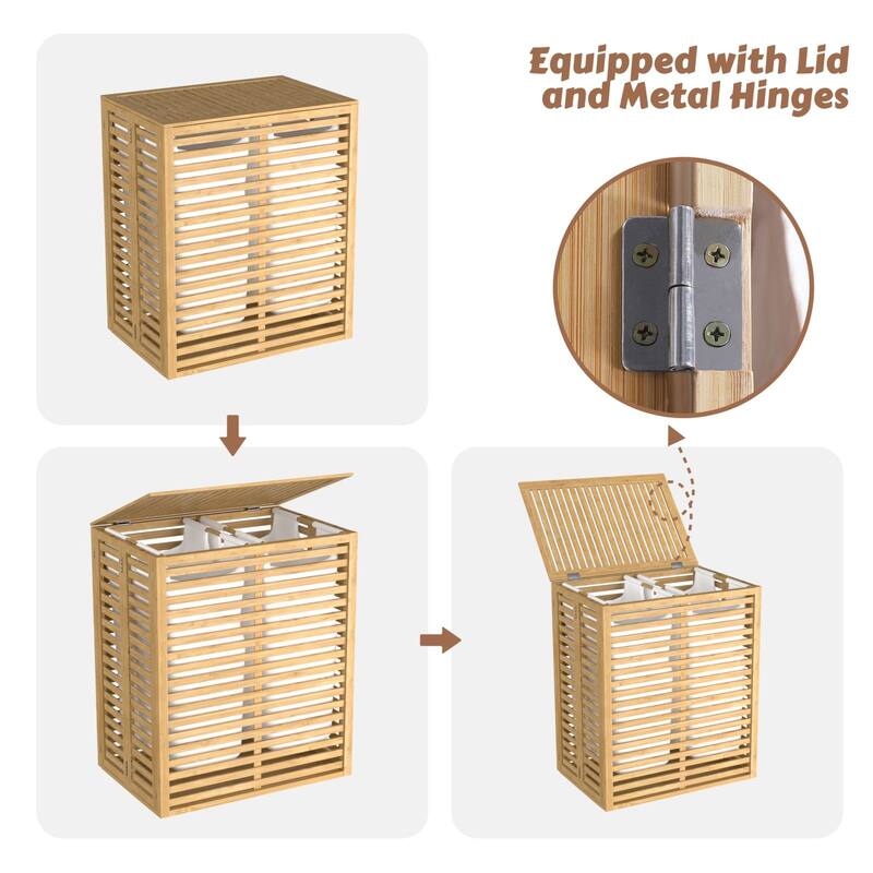 VEIKOUS 2-Section Bamboo Hamper Laundry Basket with Lid and Removable Liner Bags for Clothes - 22''W × 25.3''H × 14''D