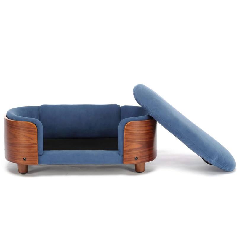 Scandinavian Velvet Pet Sofa with Wood Legs & Curved Back - Medium
