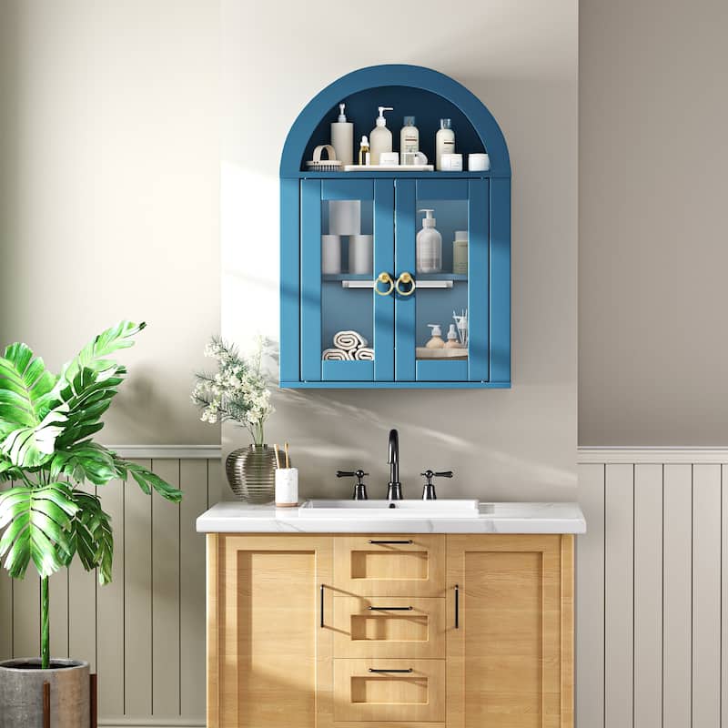 Wall Mounted Arched Cabinet with Glass Doors, Light and Adjustable Shelves for Laundry Room, Bathroom, Kitchen