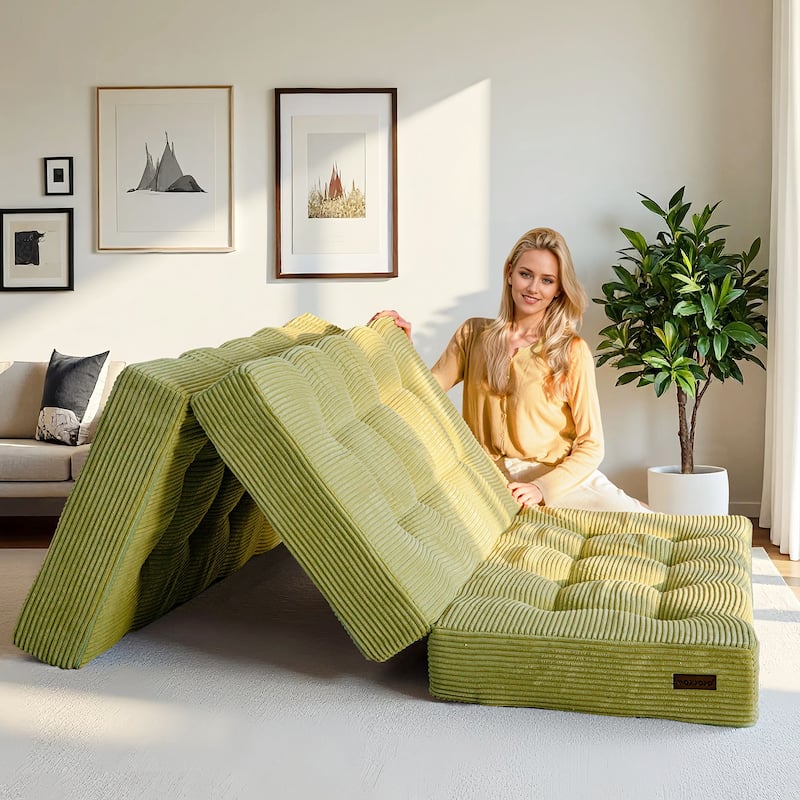 Corduroy 6Inch Tri-fold Mattress, Folding Memory Foam Mattress - 74.8" x 53" - Green