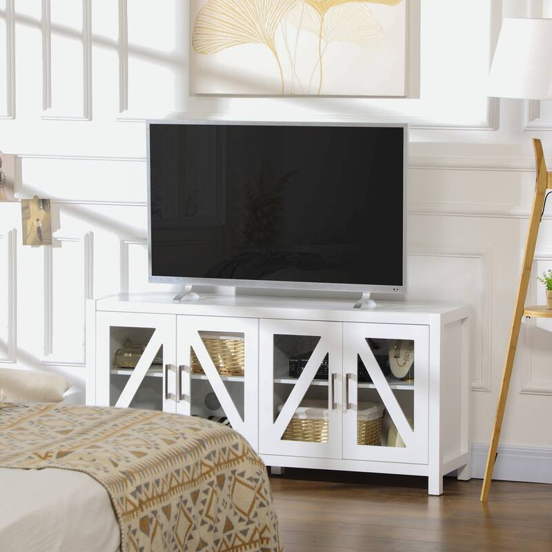 Minimalist TV Stand for TVs up to 58", Entertainment Center with 4 Glass Doors & Adjustable Shelves