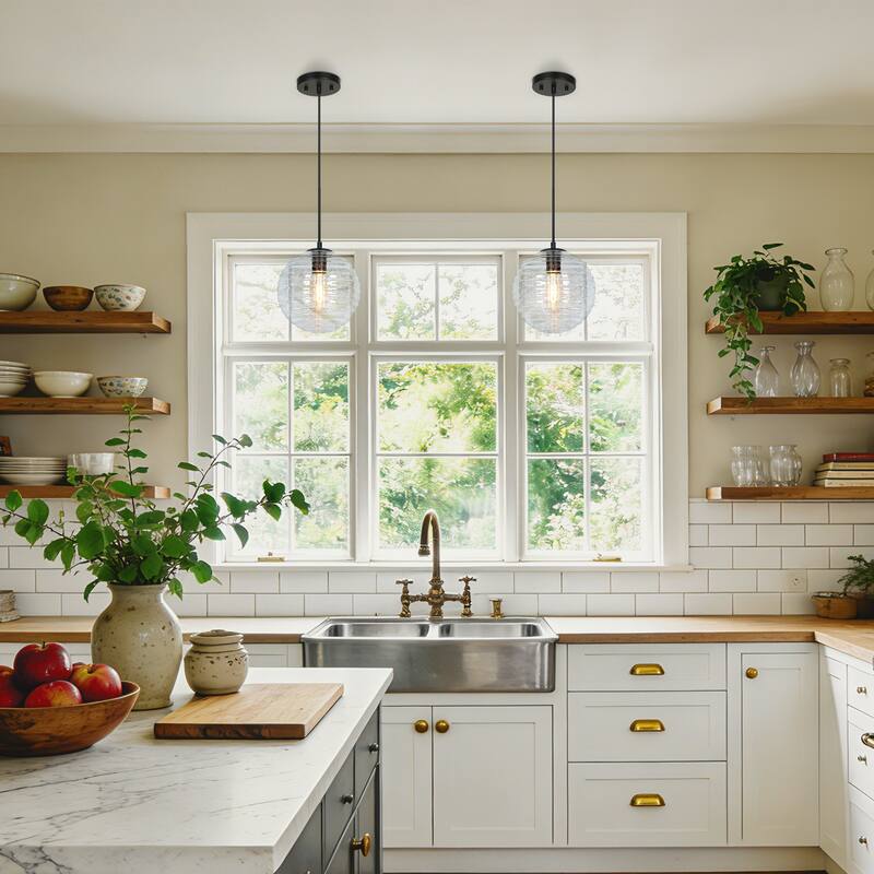 Modern 1-Light Matte Black Seeded Glass Pendant Light Globe Shade Kitchen Island Light for Dining Room - 8.8" L × 9.6" H