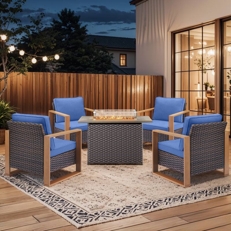 Pocassy Fire Pit Table with Outdoor Sofa Chair Ottoman Set - Brown Wicker Blue Cushion - 5-Piece Patio Chair with Rectangle Fire Table