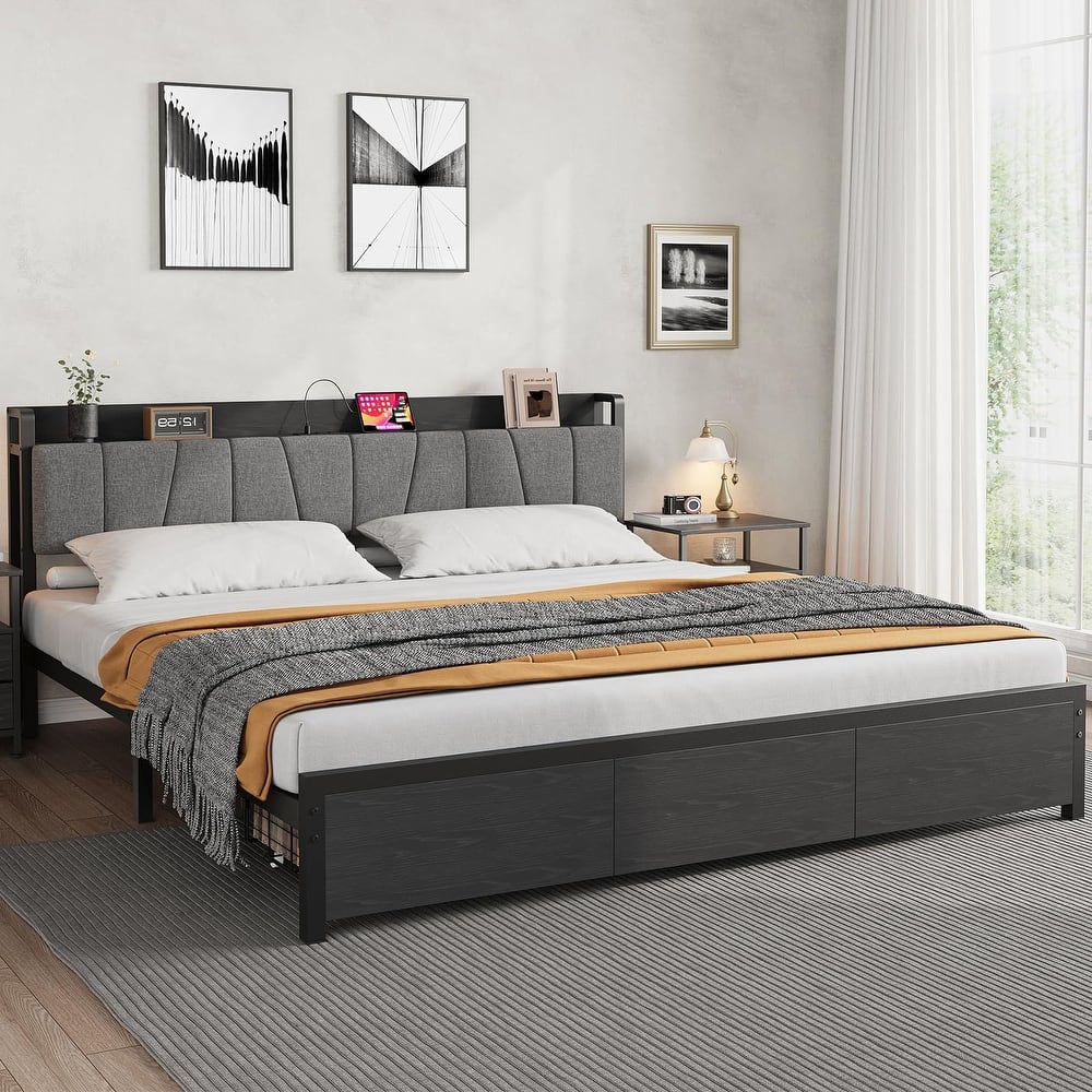Industrial Full Platform Bed, Storage Headboard/2 Large Drawers/Charging Station