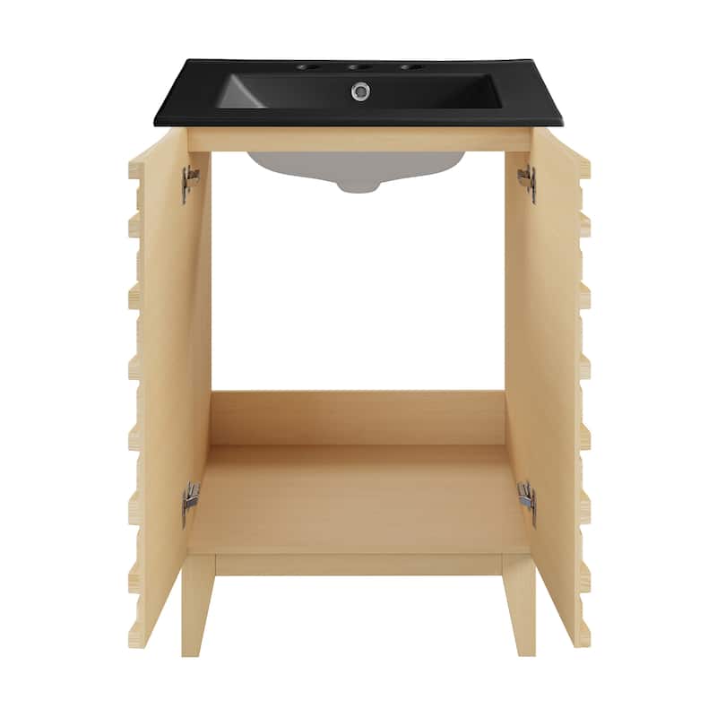 Cascade 24 In. Natural Oak Bathroom Vanity With Black, 3-Hole Ceramic Sink Top