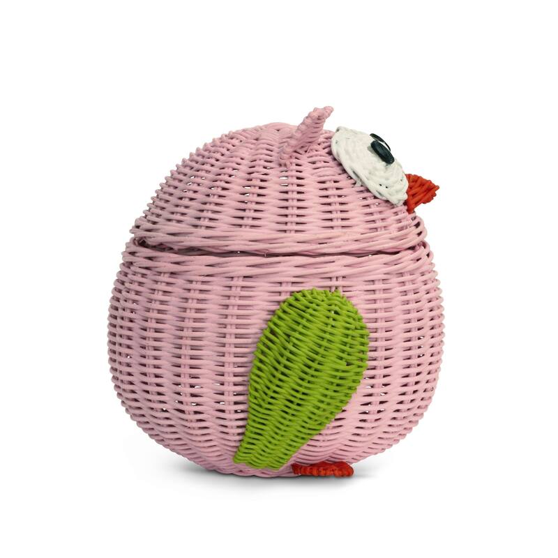 Pink Owl Rattan Storage Basket with Lid Decorative Home Decor Hand Woven Shelf Organizer Cute Handmade Handcrafted Gift Art