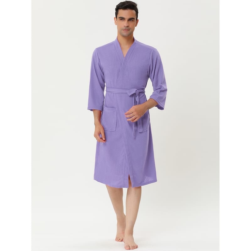 Men's Waffle Bathrobe Solid Color Sleepwear 3/4 Sleeve Kimono Spa Robe - Purple - XS