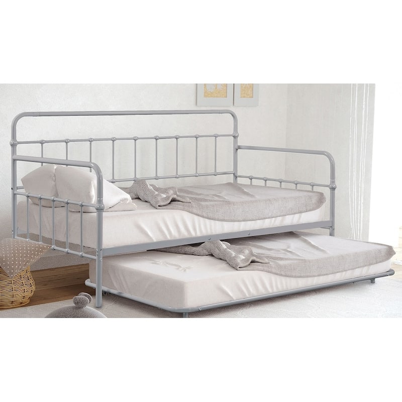 Contemporary Silver Twin Metal Daybed with Trundle, Full Metal Construction, Mattress Ready