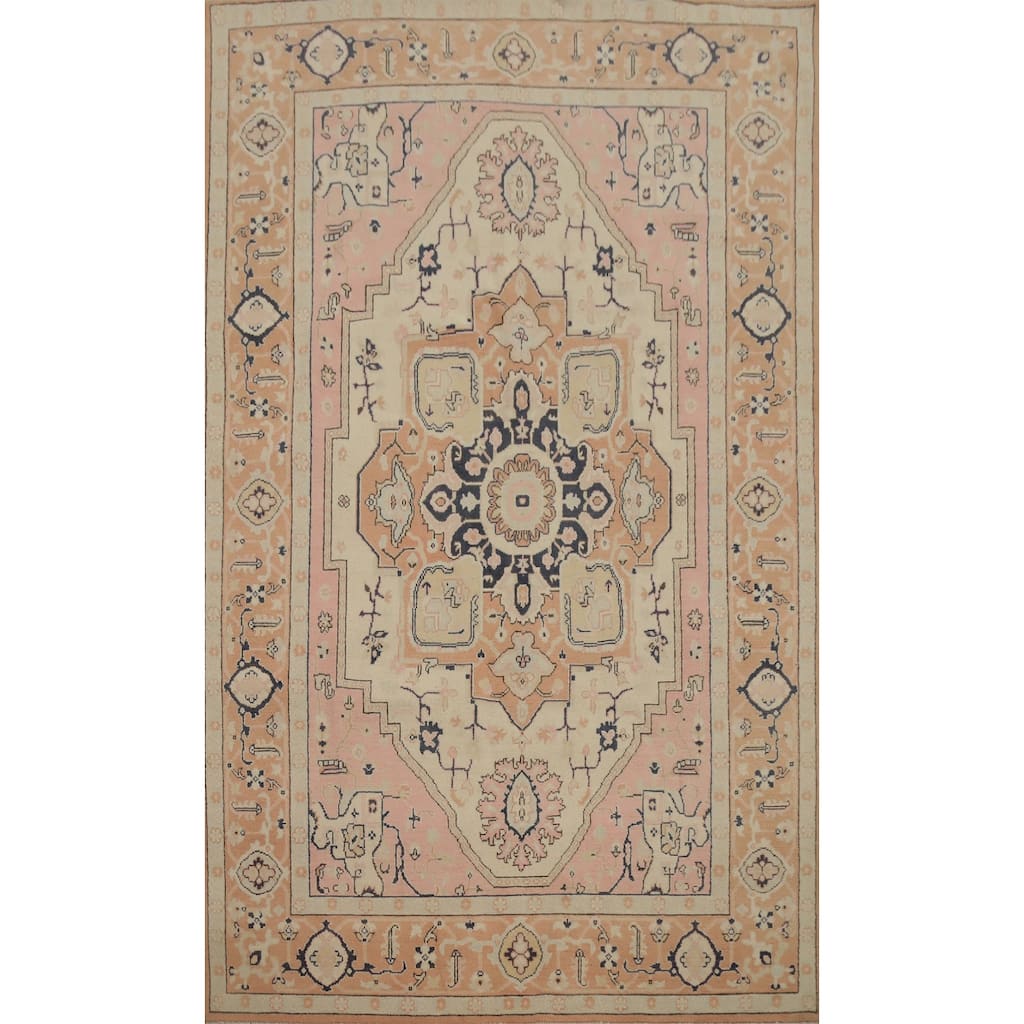 Hand Knotted Oriental 100% Wool Carpet Traditional Medallion Beige & Ivories Heriz (serapi) Area Rug - 9' 0'' X 5' 10''