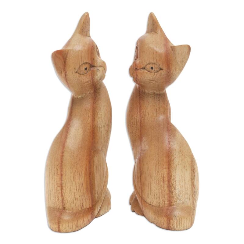 Novica Handmade Feline Twins Wood Sculpture (Pair)