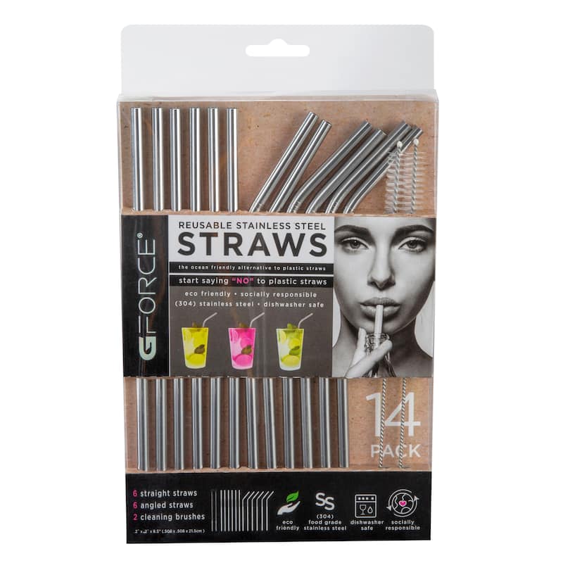 Gforce Eco-Friendly Reusable Stainless Steel 14 Pack Straw Set, Including 2 Cleaning Brushes - 8.46"