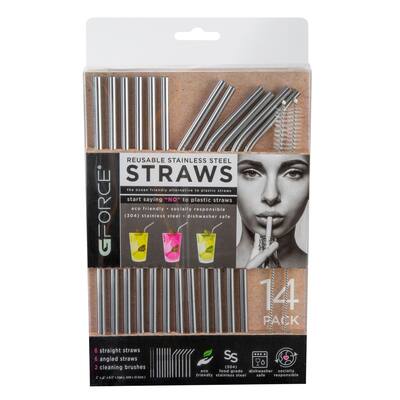 Gforce Eco-Friendly Reusable Stainless Steel 14 Pack Straw Set, Including 2 Cleaning Brushes - 8.46"