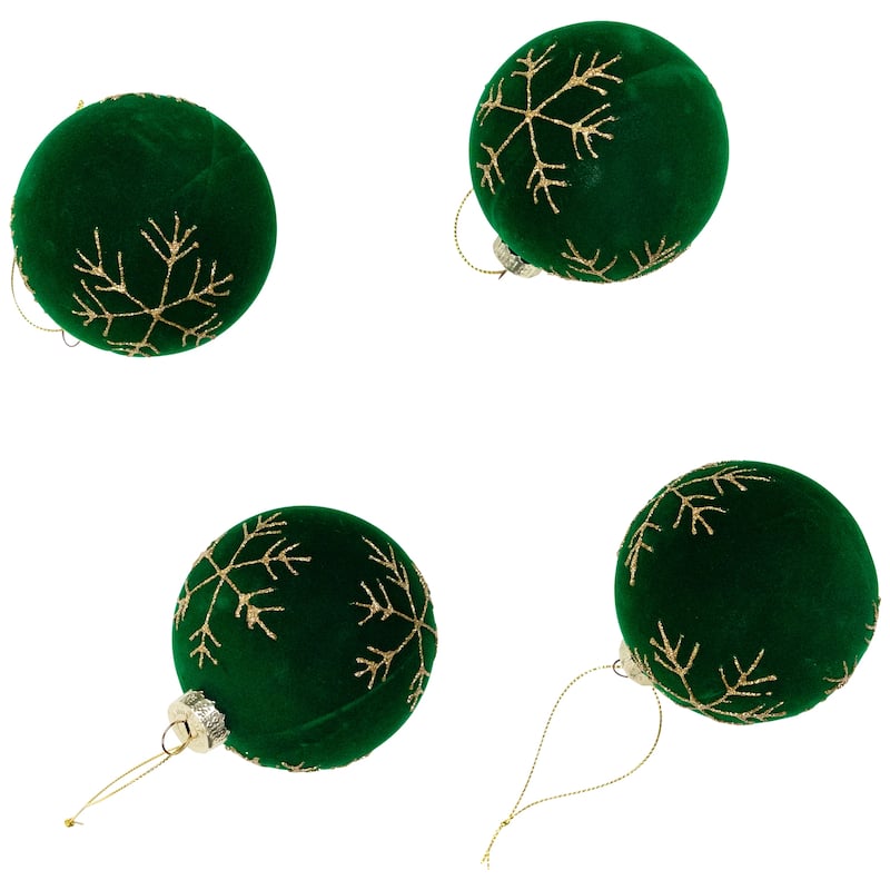 4ct Green Flocked Glass Ball Christmas Ornaments Gold Snowflakes 3"