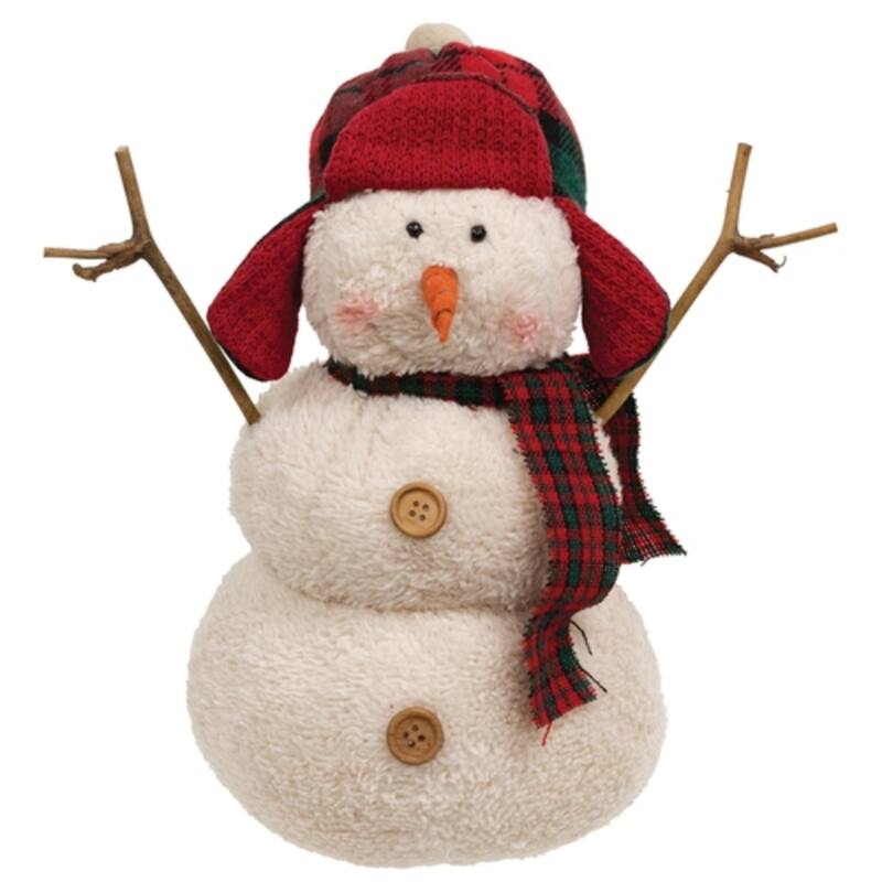 Red White Plush Sherpa Snowman with Plaid Hat and Scarf and Weighted Base - 7 x 7 x 12 in