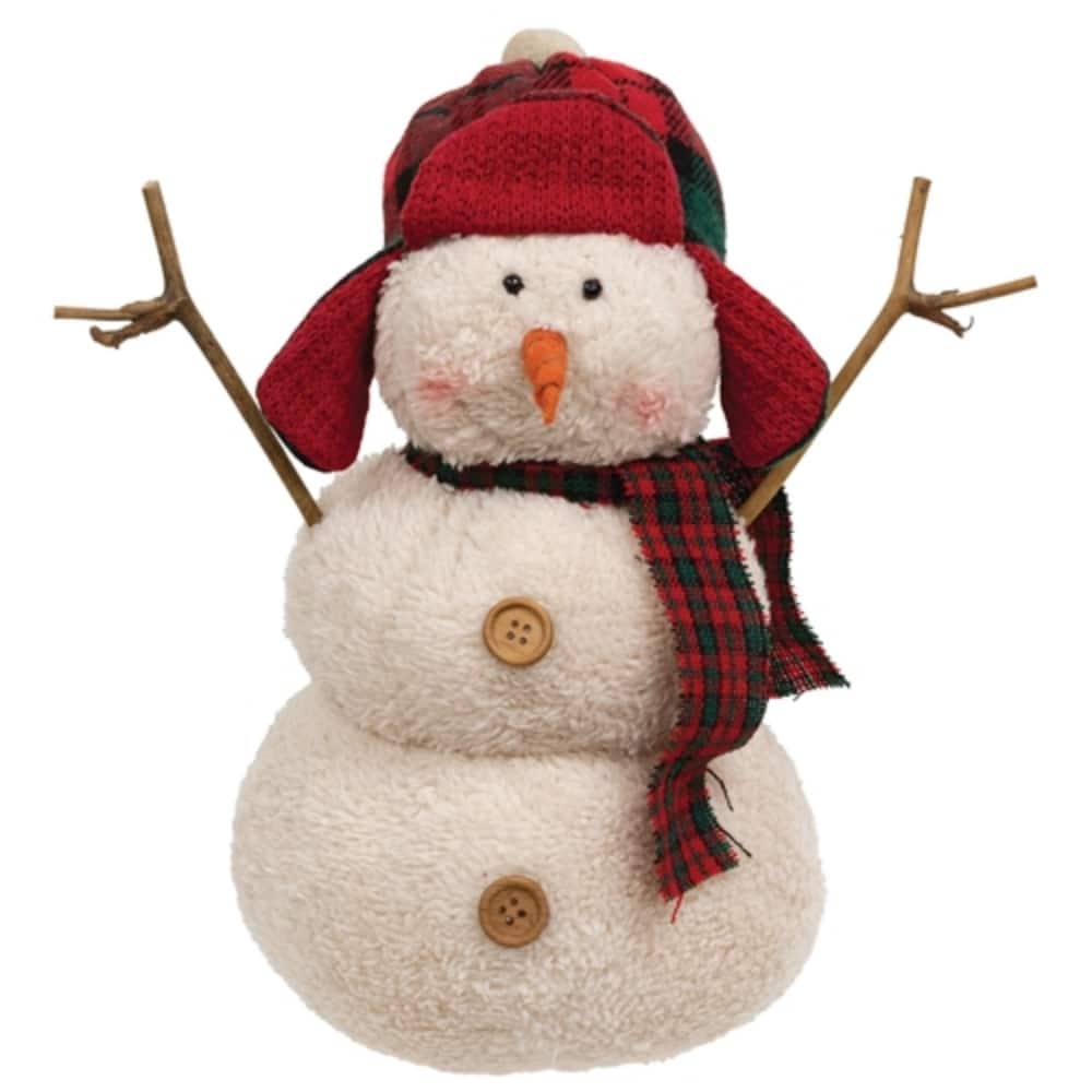 Red White Plush Sherpa Snowman with Plaid Hat and Scarf and Weighted Base - 7 x 7 x 12 in