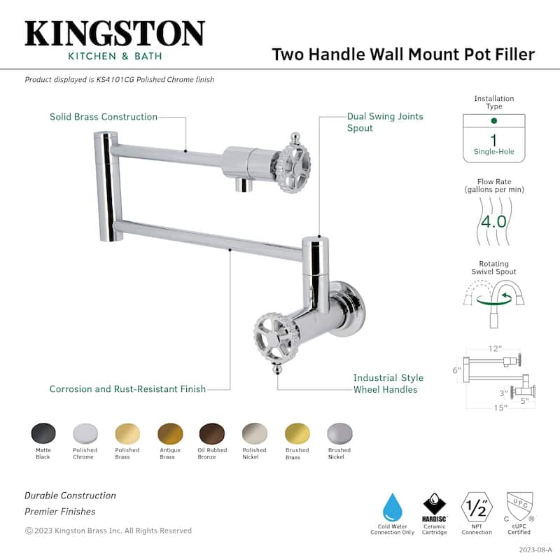 Kingston Brass Fuller Two-Handle 1-Hole Wall Mount Pot Filler Faucet