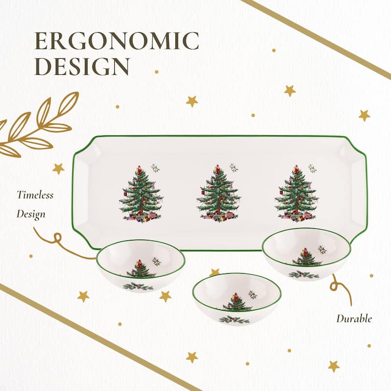 Spode Christmas Tree Rectangular Tray with 3 Dishes - 14" L x 4" W