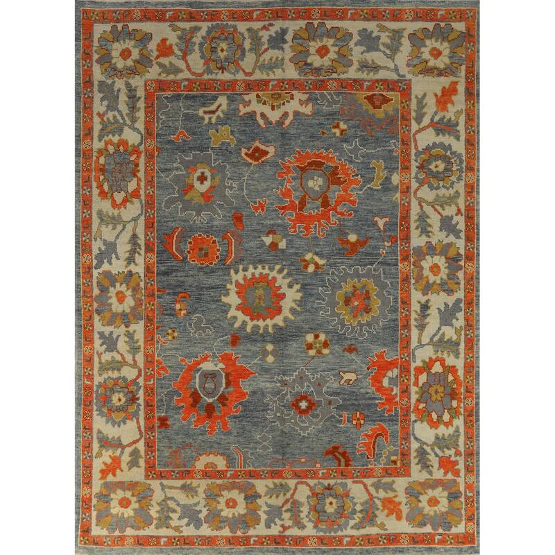 Hand Knotted Oriental 100% Wool Carpet Transitional All-Over Navy Blue & Blues Oushak Area Rug - 10' 6'' X 7' 11''
