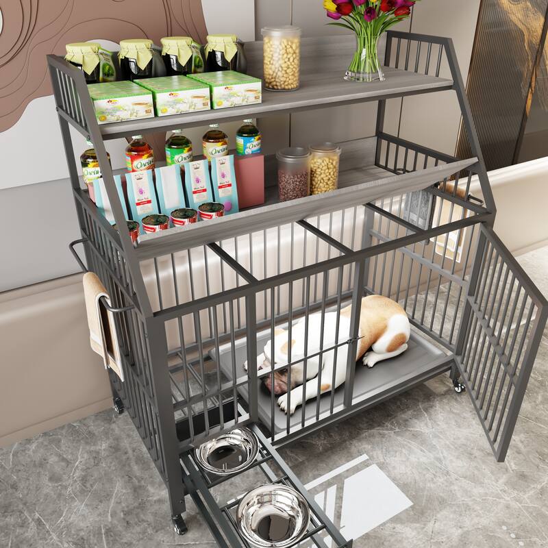 Large Pet Cage with Storage Rack, Drawers with Food and Water Basins, Double-Layer Storage Rack, Iron Frame and MDF Material