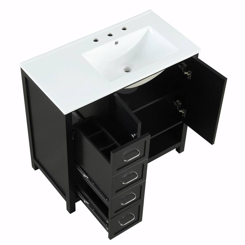 36" Bathroom Vanity - Sink Top, Two Doors, Two Drawers, and Open Shelf