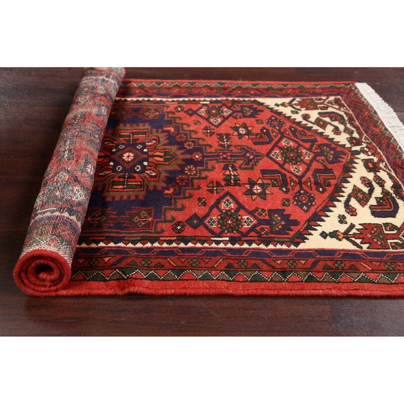 Geometric Hamedan Persian Area Rug Wool Handmade Foyer Carpet - 3'2" x 4'11"