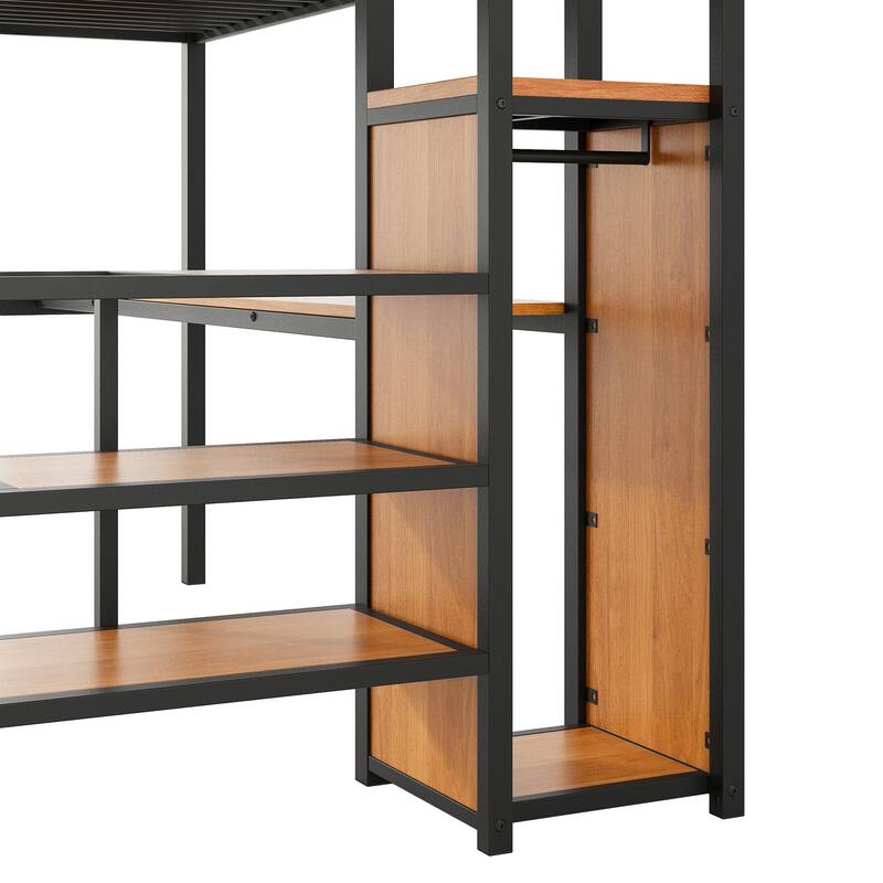 Full Size Metal Loft Bed with Desk, Storage Staircase, Small Wardrobe, and LED Light